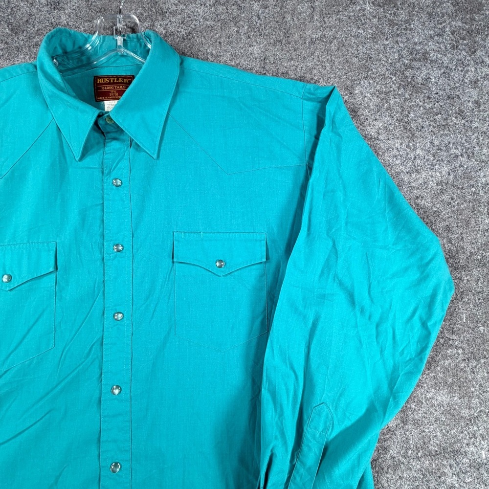 Vintage 90s Rustler Western Shirts Mens XL Tall Teal Pop Preppy Pearl Snap Roper - Picture 7 of 16